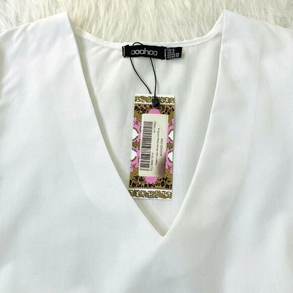 boohoo Women's size 6 Petite V Neck Smock Mini Dress 3/4 Sleeves White NEW - Picture 3 of 8